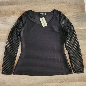 FancyQube Women's Black Fishnet Sleeves Top